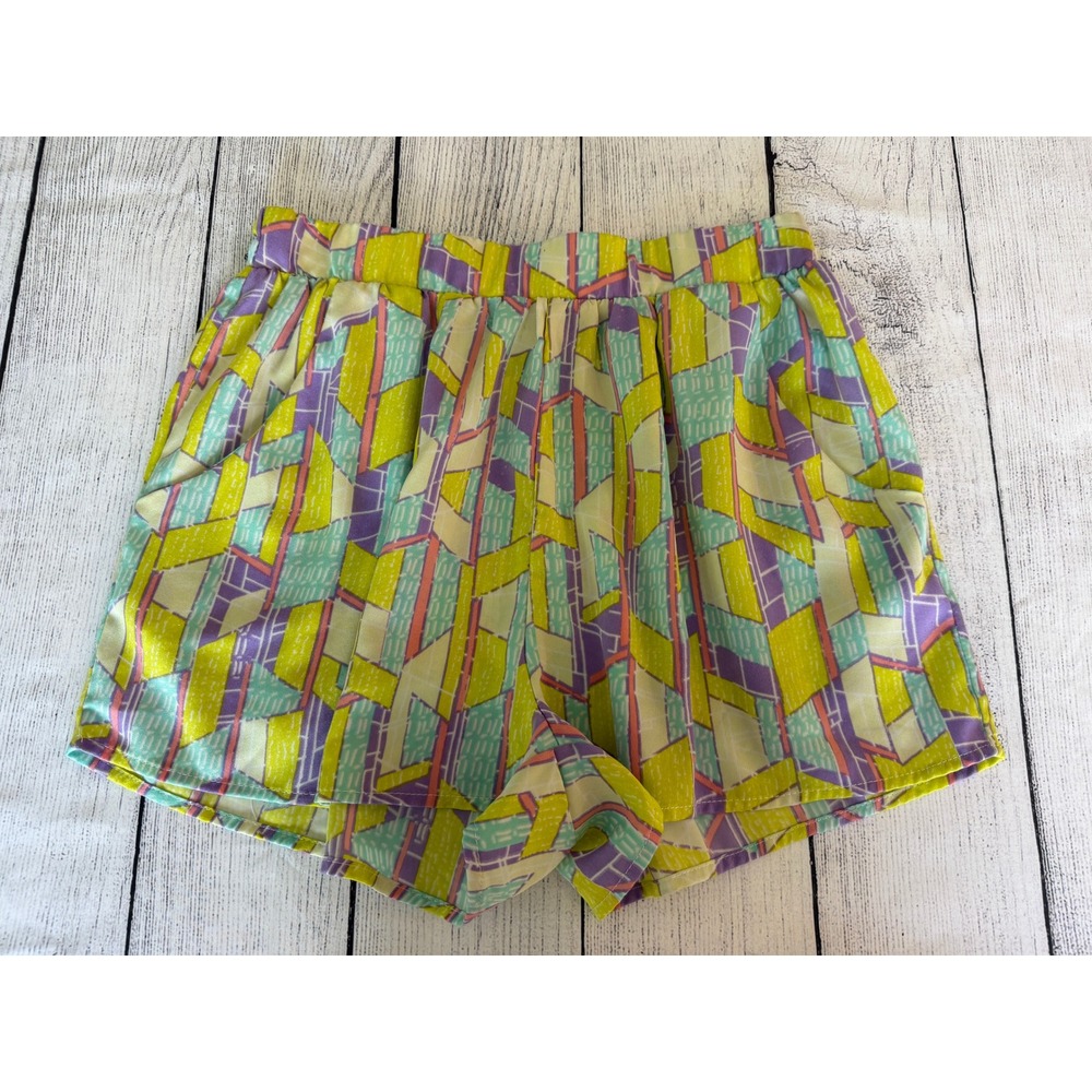 Everly Geometric Print Elastic Waist Shorts Lime Green Purple Women Size Medium